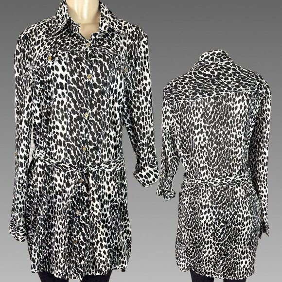 Jaclyn Smith L Black Animal Print Button Collar Roll- Tab Long Sleeve Shirt - Picture 1 of 6